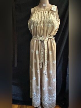 AZ Sleeveless Taupe & White Floral Print Maxi Dress Tie Waist LG NWT